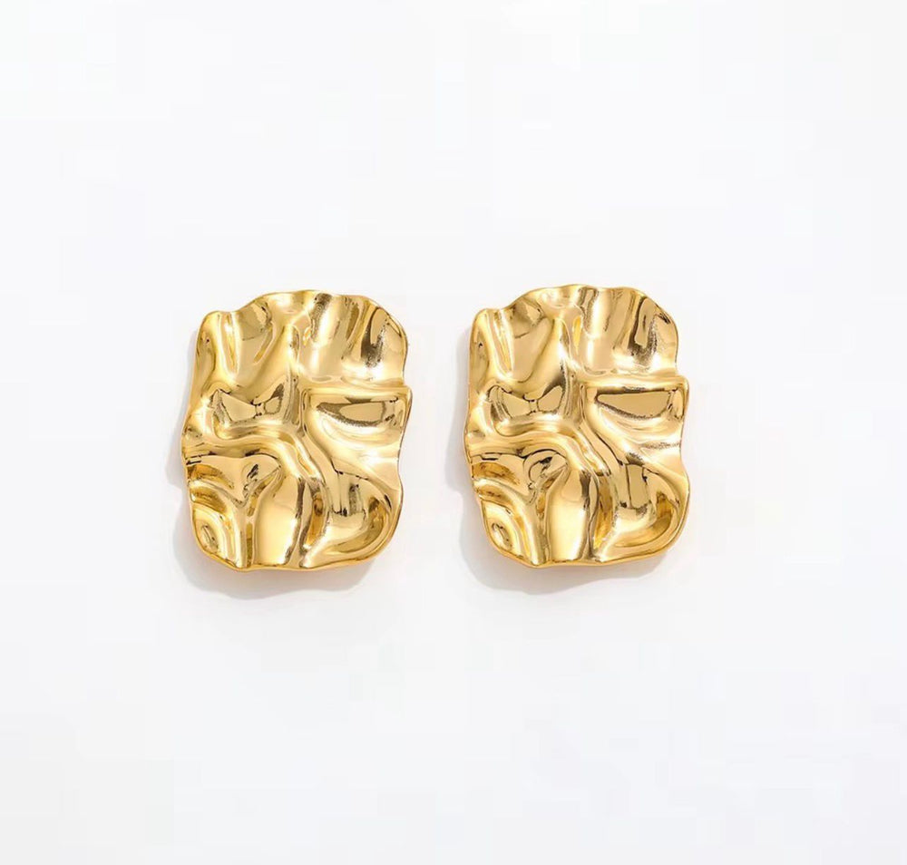 Abstract Molten Gold Square Stud Earrings – Artistic Statement Design - Rare Jewels