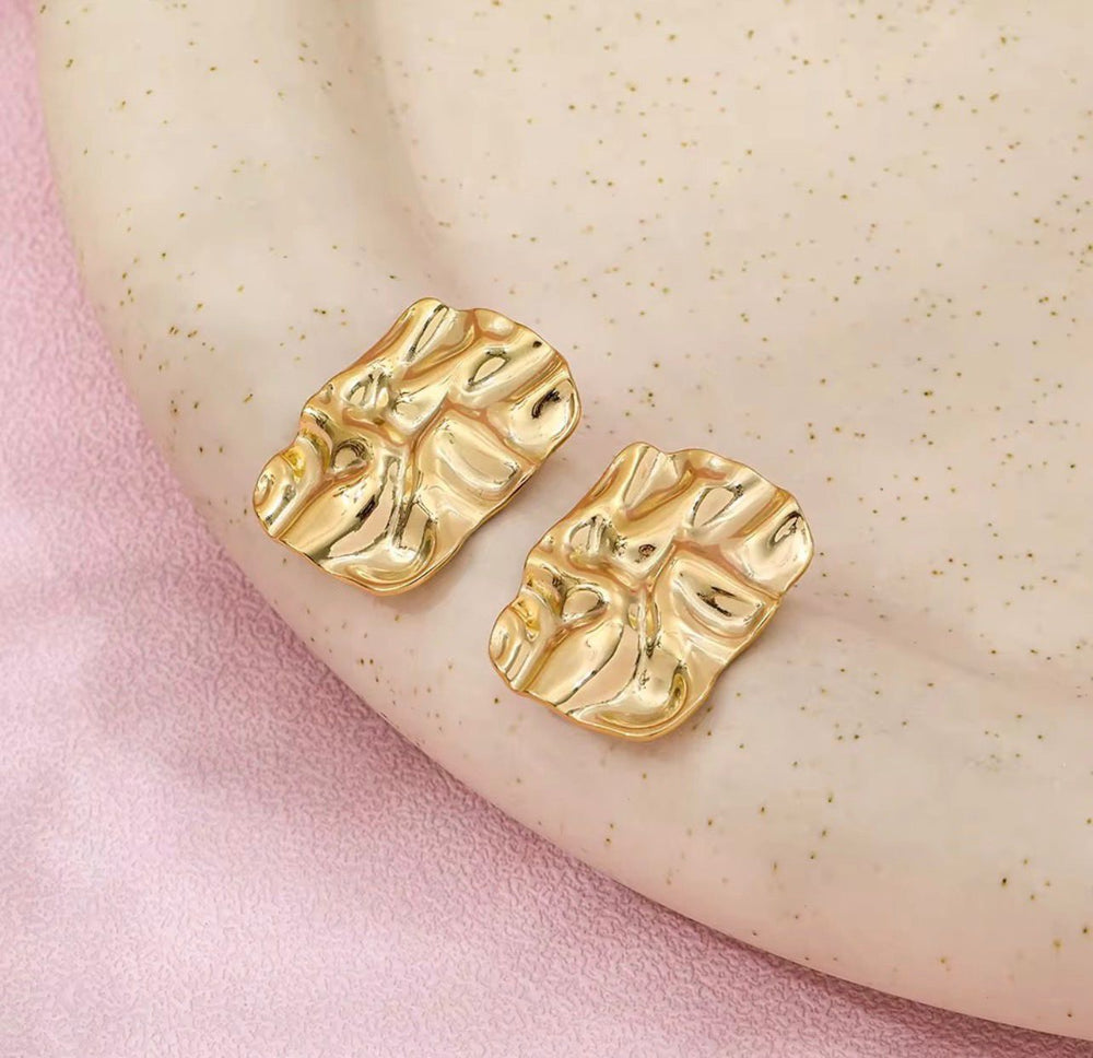 Abstract Molten Gold Square Stud Earrings – Artistic Statement Design - Rare Jewels