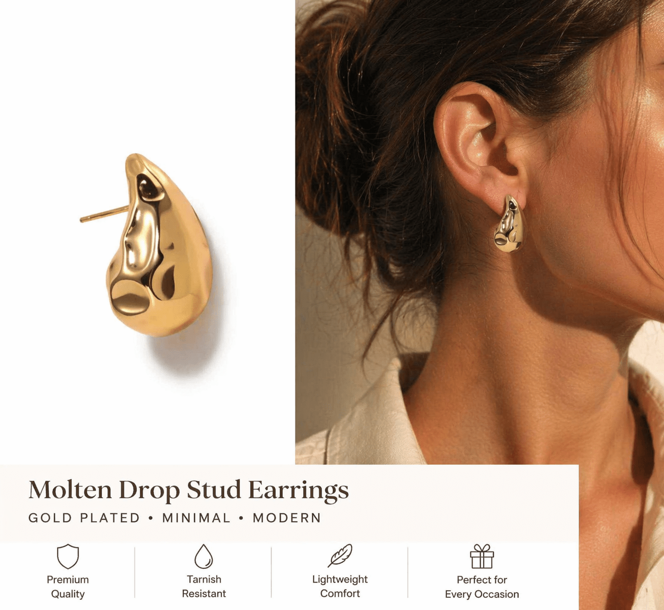 Molten Gold Drop Stud Earrings – Modern Sculpted Design - Rare Jewels