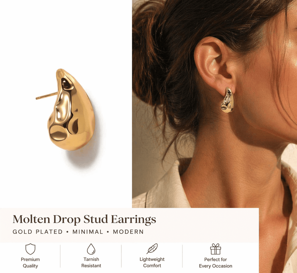 Molten Gold Drop Stud Earrings – Modern Sculpted Design - Rare Jewels
