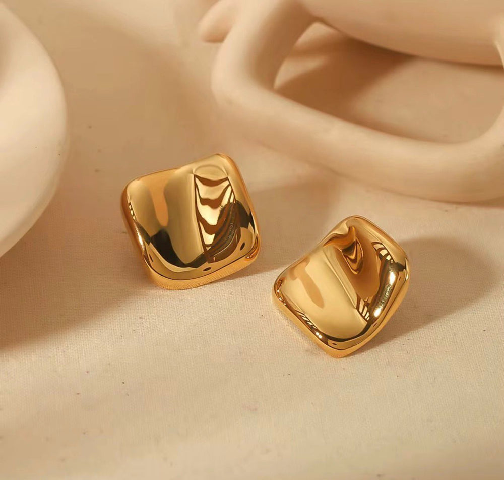 Polished Gold Square Dome Stud Earrings – Modern Minimalist Luxury - Rare Jewels