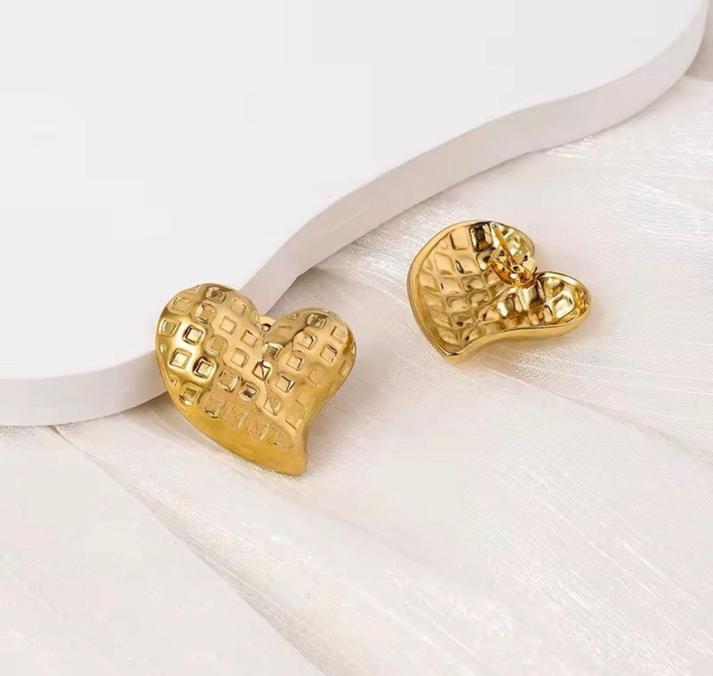 Textured Gold Heart Stud Earrings - Rare Jewels