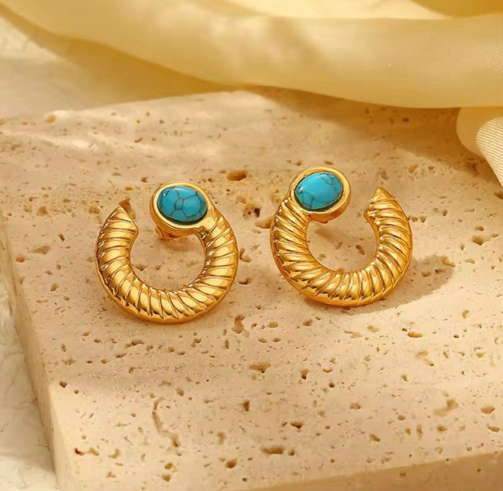 Turquoise Stone Gold Hoop Earrings – Boho Luxe Statement Design - Rare Jewels