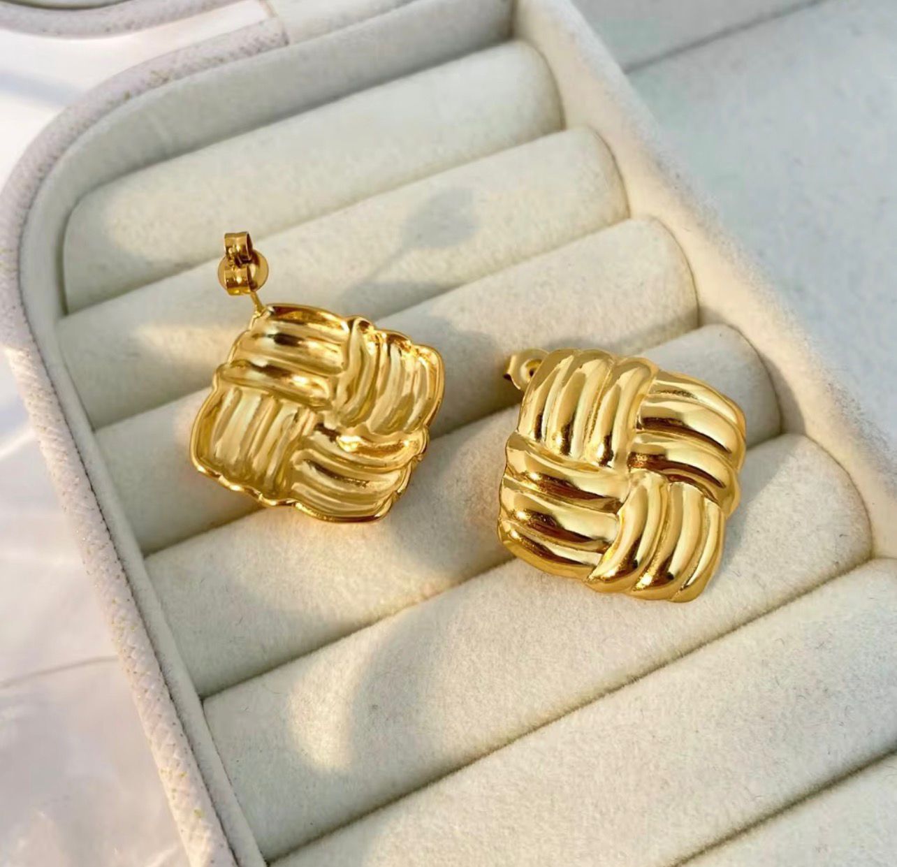 Woven Gold Square Stud Earrings – Textured Luxury Statement Design - Rare Jewels